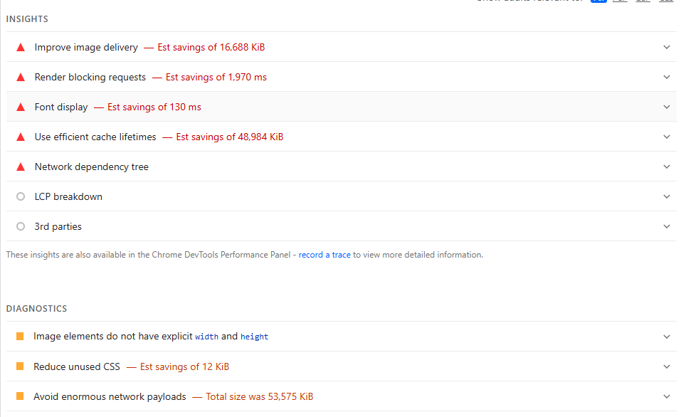 Google Lighthouse and PageSpeed Insights screenshot showing image delivery issues, render-blocking requests, font display issues, inefficient cache lifetimes, and unused CSS